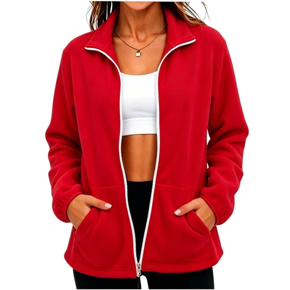 Hurxie Women's Soft Fleece Jacket Lightweight Full Zip Sweatshirts Coat Casual Winter Warm Sweaters with Pockets Red,XL