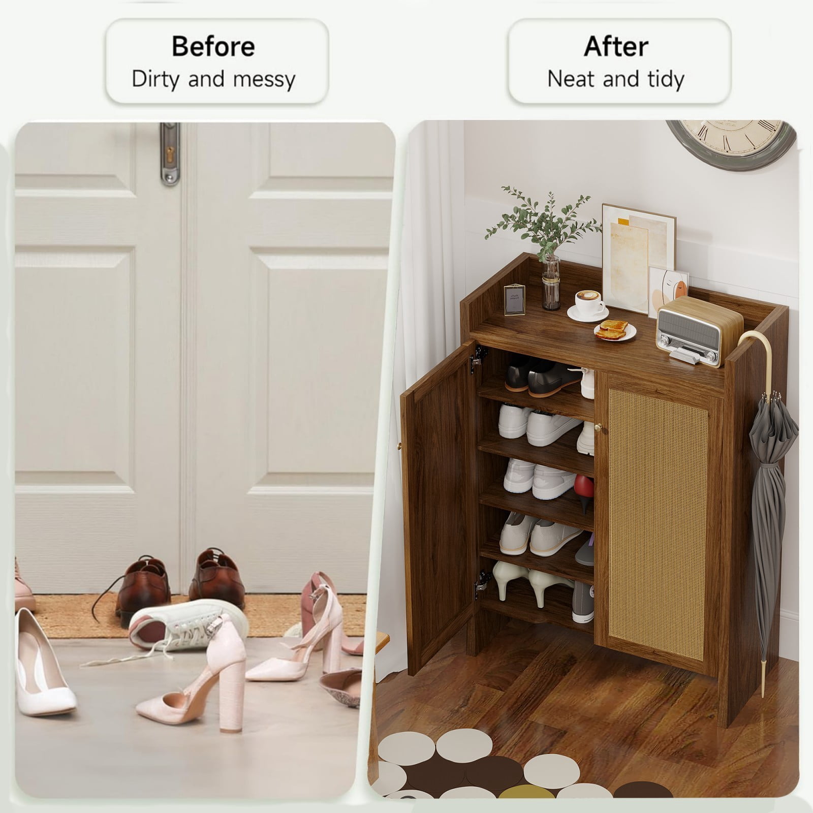 42.5" Tall Rattan Shoe Cabinet with Doors, 6-Tier Wooden Shoe Storage Organizer with Adjustable Shelves for Entryway Hallway, Walnut