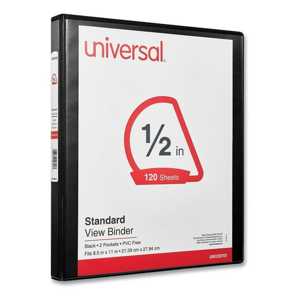 Universal Deluxe 0.5" Capacity 3 Round Ring View Binder, 11.65x10.24, Black