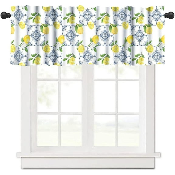 Summer Lemon Valance, Italian Navy Blue Tile Burlap Watercolor Lemon Fruit Window Curtain Valance for Living Room Kitchen Dinning Room Home Decor 54x18inch