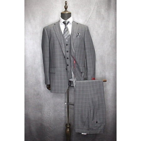 Mens Renoir Modern Fit Grey Plaid 3pc Formal Suit 278-1CL
