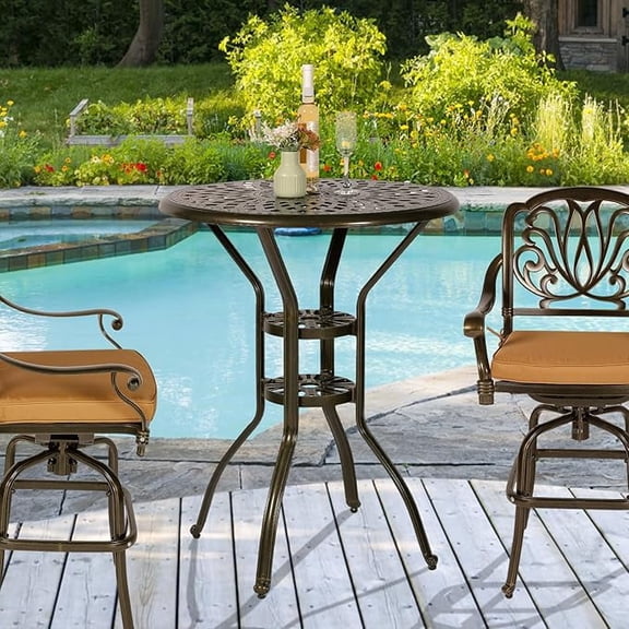 W WARMHOL Cast Aluminum Patio Bar Table, 31" Outdoor Bar Height Bistro Table with 2" Umbrella Hole, Patio Bistro Round High Top Dining Table Pub Table for Porch Balcony Backyard, Dark Bronze