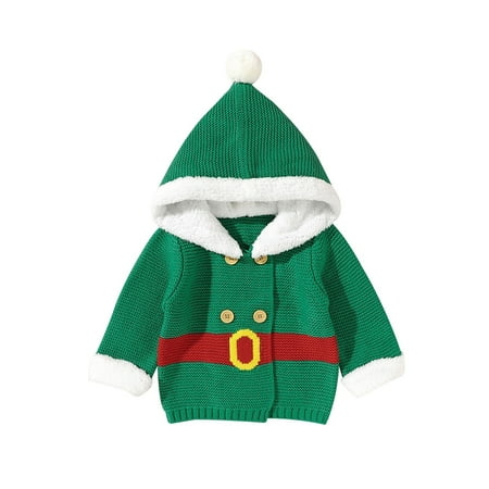 

Baby Girls Boys Autumn Christmas Patchwork Button Pullover Hooded Long Sleeve Knit Sweater Cardigan Coat Jacket Clothes Winter Child Fashion Warm Hair Coat