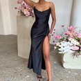 thumbnail image 4 of VUPSGEZ Women Satin Dress Sleeveless Spaghetti Strap Cowl Neck Summer Ruched Bodycon High Slit Formal Dresses (Black,M), 4 of 5