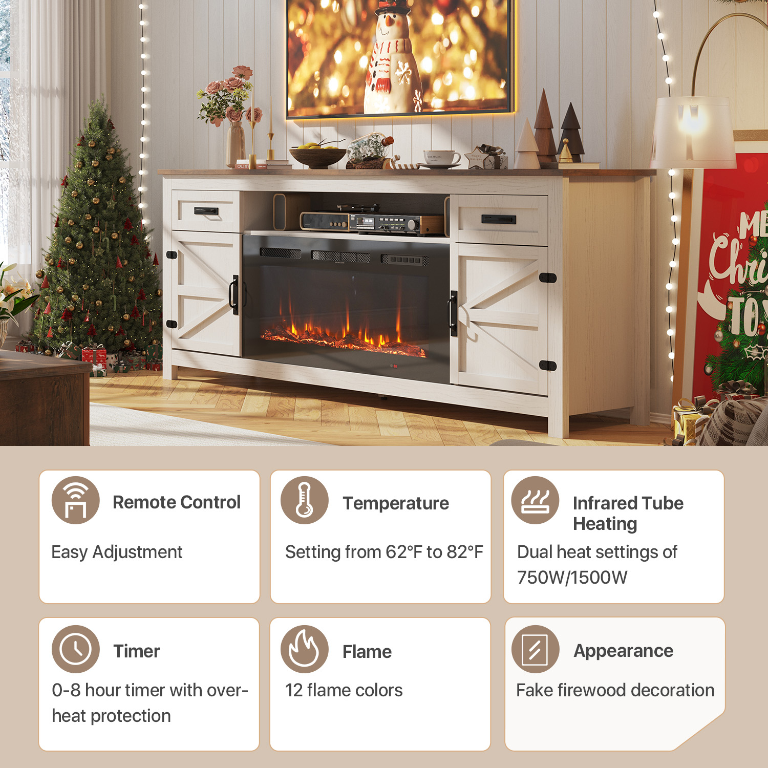 BaPiPro 70" Electric Fireplace TV Stand, Farmhouse Entertainment Center for TVs up to 80" with Storage Drawers, White