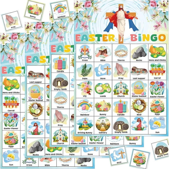 24-Player Easter Bingo Game Set, Religious & Festive Theme Cards for Kids & Adults, 7x5 Inch Large Paper Bingo Cards for Classroom Party, Family Gathering & Sunday School, Multicolor