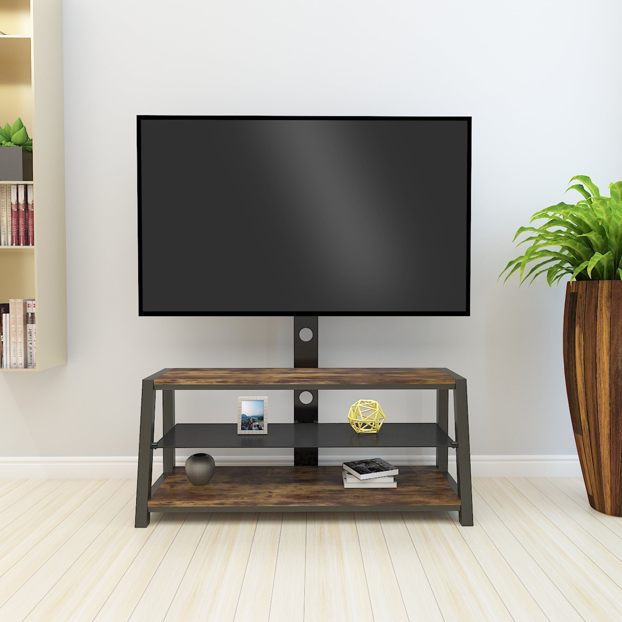 ZEKOshop TV Stand for 50 55 60 65 Inch TV with Metal Frame Height Adjustable Universal Swivel Storage Entertainment Center Holds Up to 110 lbs TV Console Table for Living Room, Bed Room (Wood)