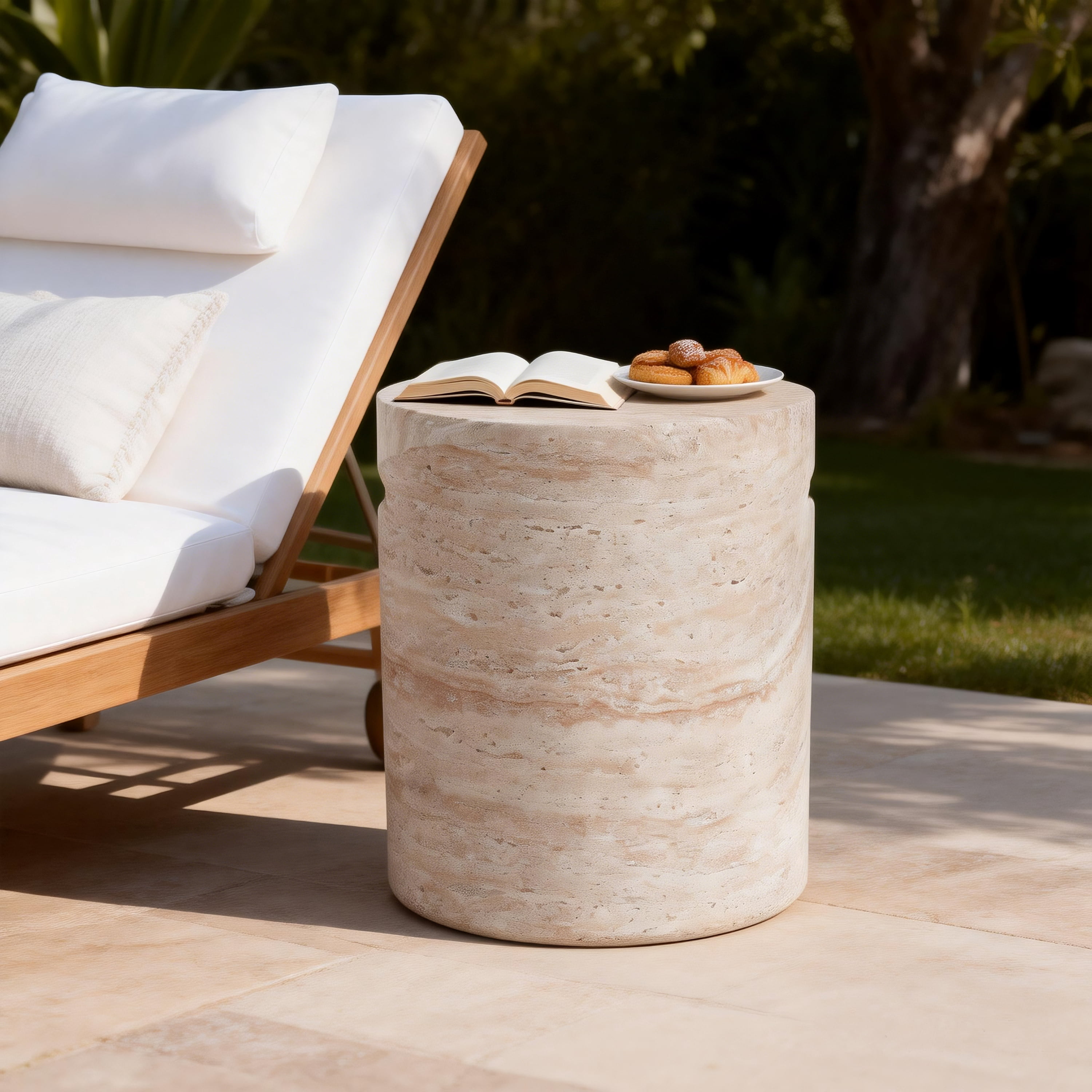 Side Table, Outdoor Indoor Lightweight Concrete Table with Side Handles for Patio Garden, Travertine Finish