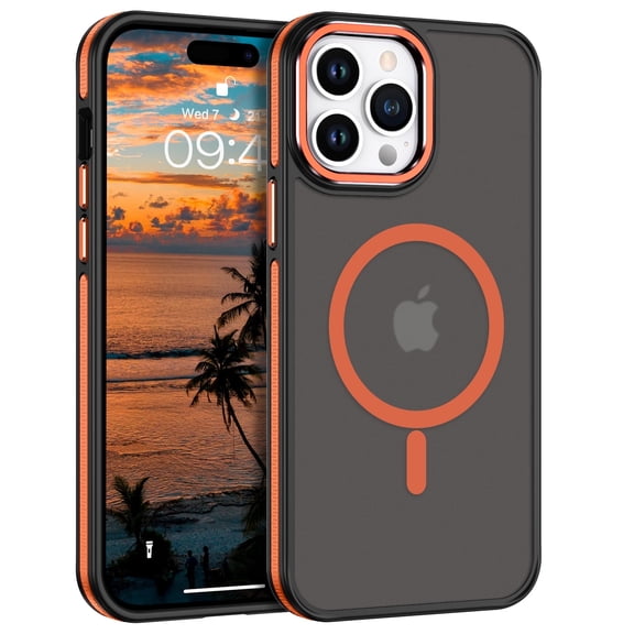 GUAGUA Magnetic for iPhone 14 Pro Max Case, 6.7" Translucent Two-Color Phone Case for iPhone 14 Pro Max, Slim Non-Slip Matte Mobile Cover Metal Lens Frame PC TPU Black Orange