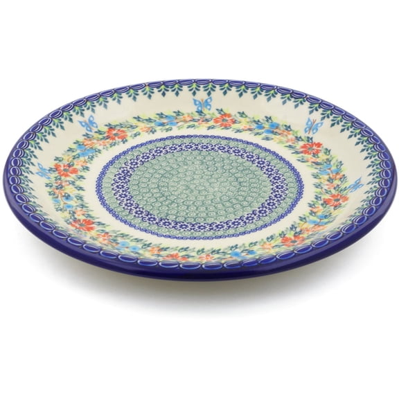 Polish Pottery 12¾-inch Platter (Red Cornflower And Blue Butterflies Theme) Signature UNIKAT Hand Painted in Poland Certificate of Authenticity