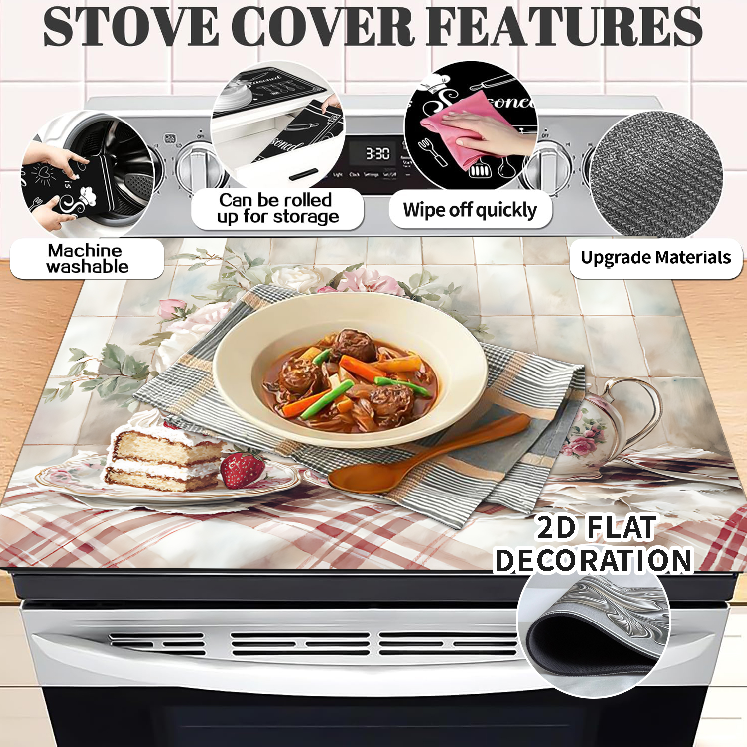 Kitchen Stove Top Cover Retro Floral & Strawberry  Design Gas Stove Top Cover for Home Decoration Kitchen Pad Non-Stick Washable Cooktop Covers Countertop Protector Keep Stove Clean Mat