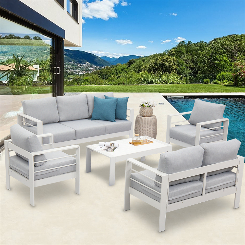 Superjoe Pcs Outdoor Aluminum Furniture Set Seats Patio Sectional Sofa  Conversation Set Metal Sofa with Inch Cushion and Coffee Table for  Balcony, Garden, White