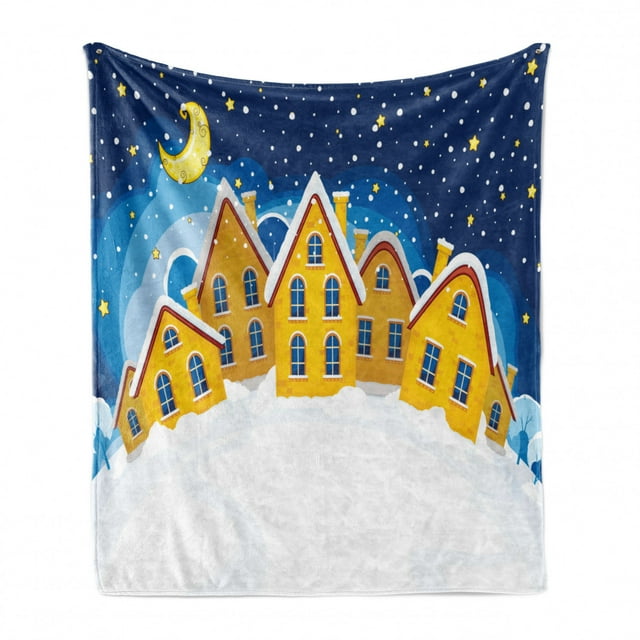 Winter Soft Flannel Fleece Throw Blanket, Cartoon Illustration of a Snowy Nighttime Scene, Cozy Plush for Indoor and Outdoor Use, 60" x 80", Multicolor, by Ambesonne