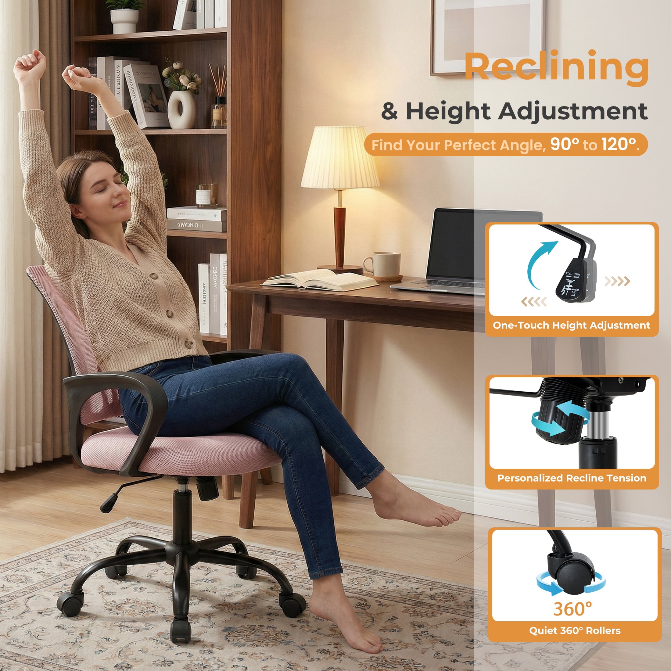 EDX Ergonomic Mid-Back Office Chair - Swivel Desk Chair with Lumbar Support, Breathable Mesh Backrest, Adjustable Height, Sponge Seat & Smooth Rolling Wheels, Pink