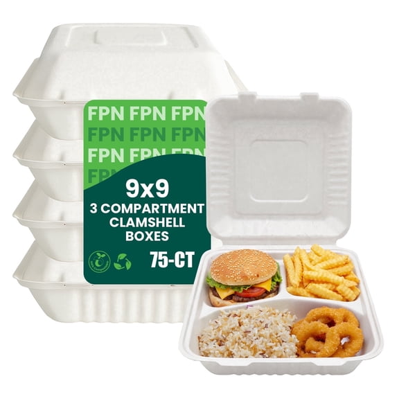 FPN  To Go Containers 3-Compartment "9x"9  -  75 CT,  Biodegradable Takeout Clamshell Boxes , Compostable  Microwave-Safe Disposable Meal Prep & Restaurant To-Go Packaging