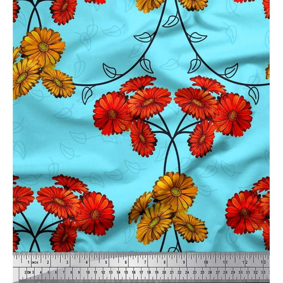 Soimoi Cotton Cambric Fabric Leaves & Aster Floral Print Sewing Fabric Yard 56 Inch Wide