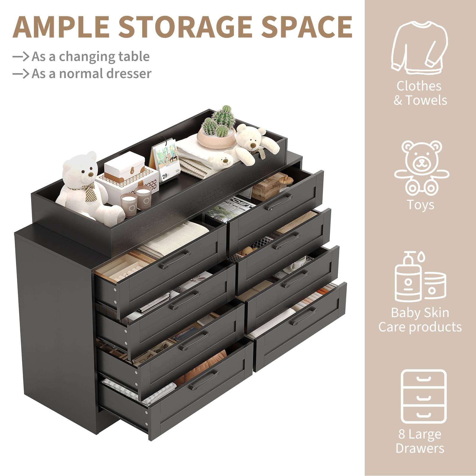 Danolapsi Baby Changing Dresser with 8 Drawers,Wooden Nursery Dresser with Safety Rail & Open Shelf, Changing Table Station Space-Saving Organizer