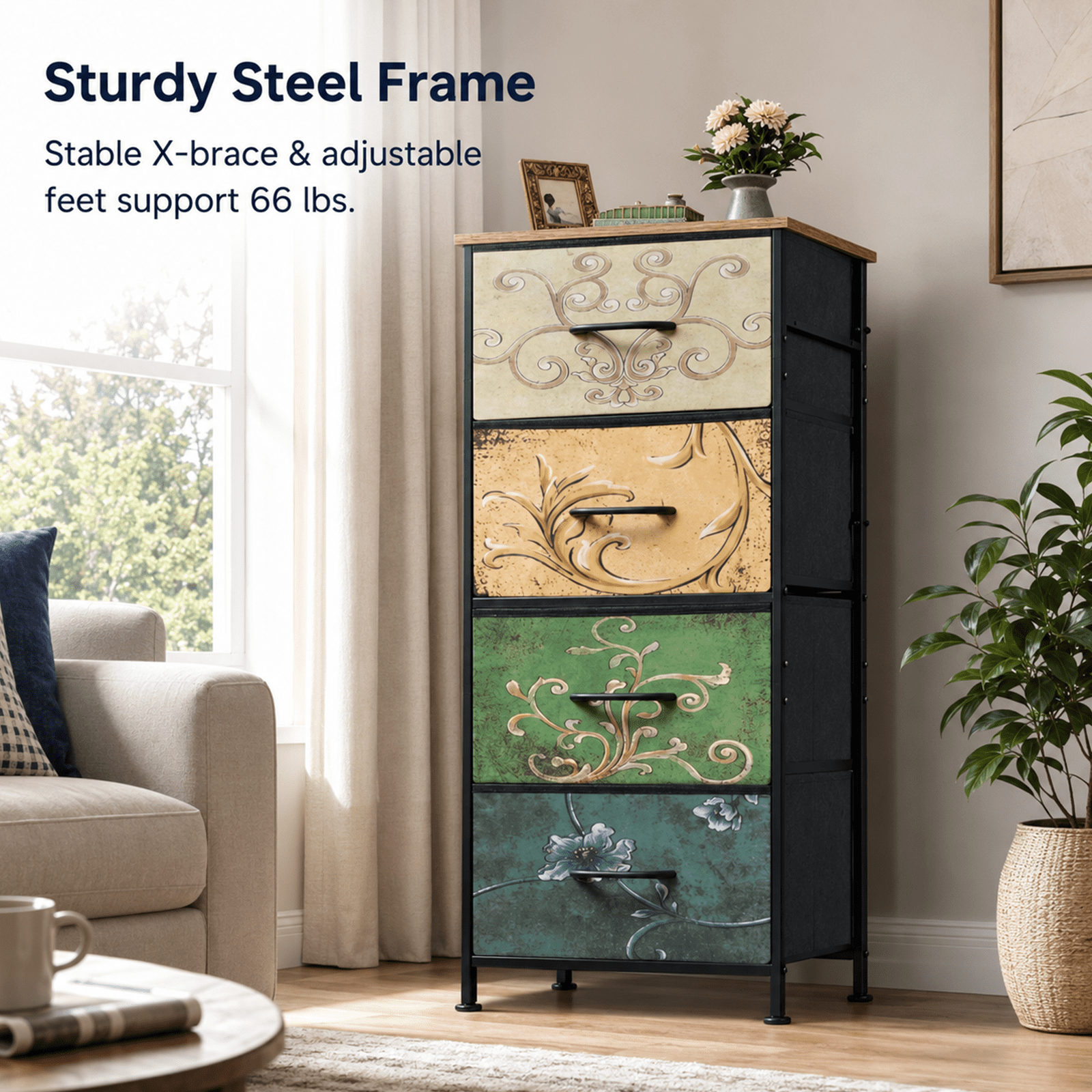 Alvantor 4/5/7/8/9-Drawer Dresser, Fabric Storage Tower for Bedroom, Hallway, Entryway, Closet, Tall Chest Organizer Unit with Fabric Bins, Steel Frame, Wood Top, Easy Pull Handle, Floral Painted