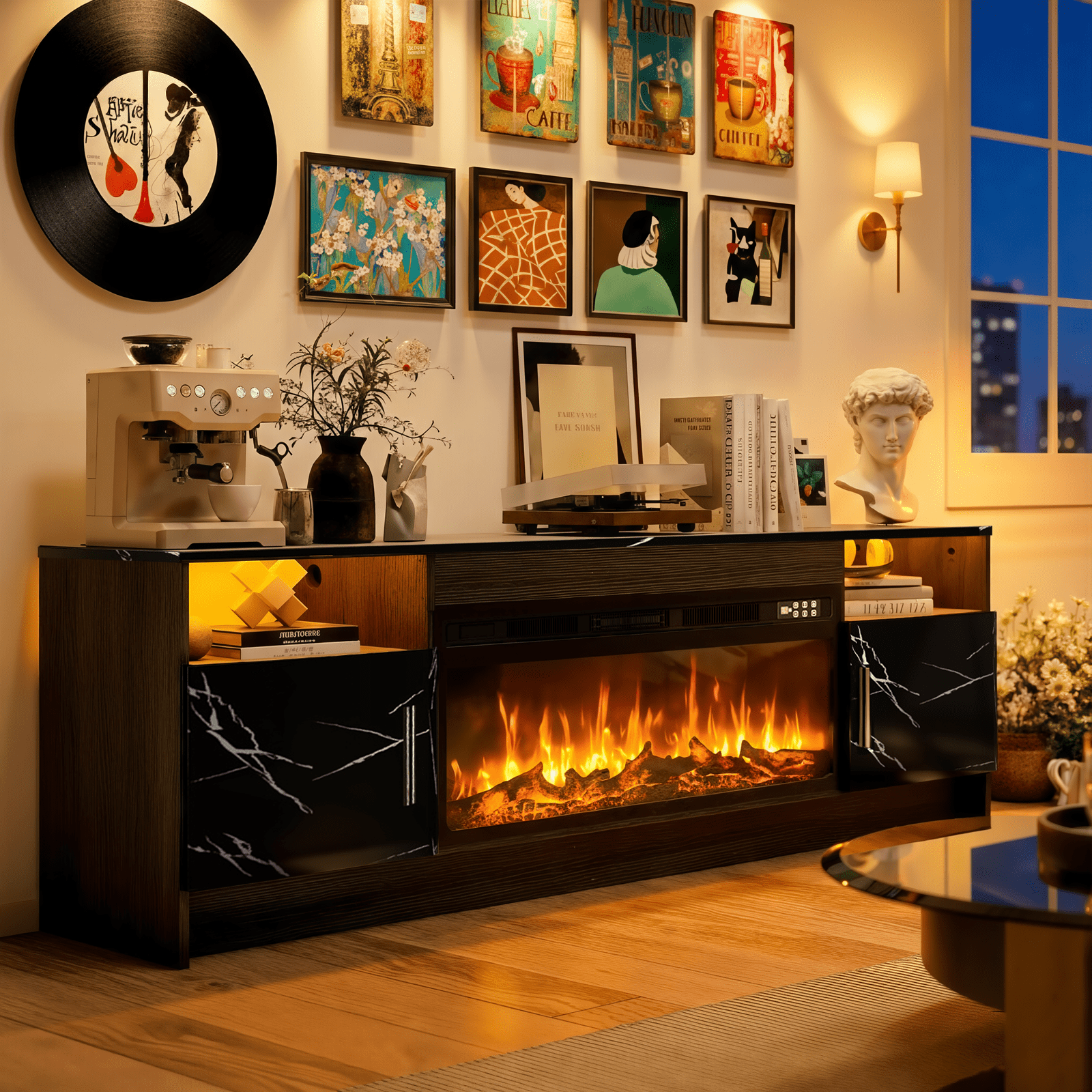 Rocyis 70” TV Stand with 3D Realistic Log Flame Electric Fireplace, Entertainment Center for TVs Up to 80-Inch, Modern TV Console with High Glossy Doors & LED Lights, Marble