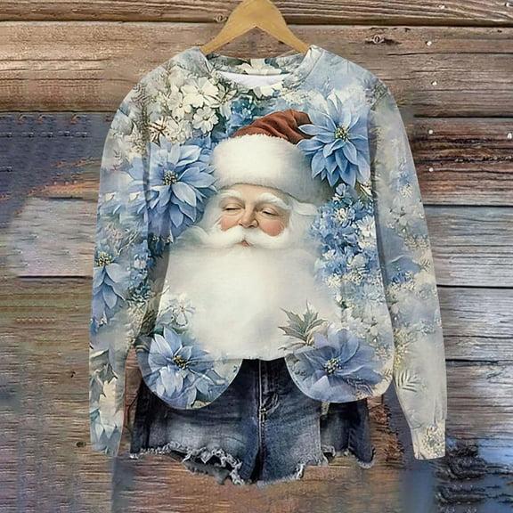 Zedker Christmas Sweatshirt Women Xmas Tree Printed Long Sleeve Holiday Pullover Tops,Plus Size Blue L