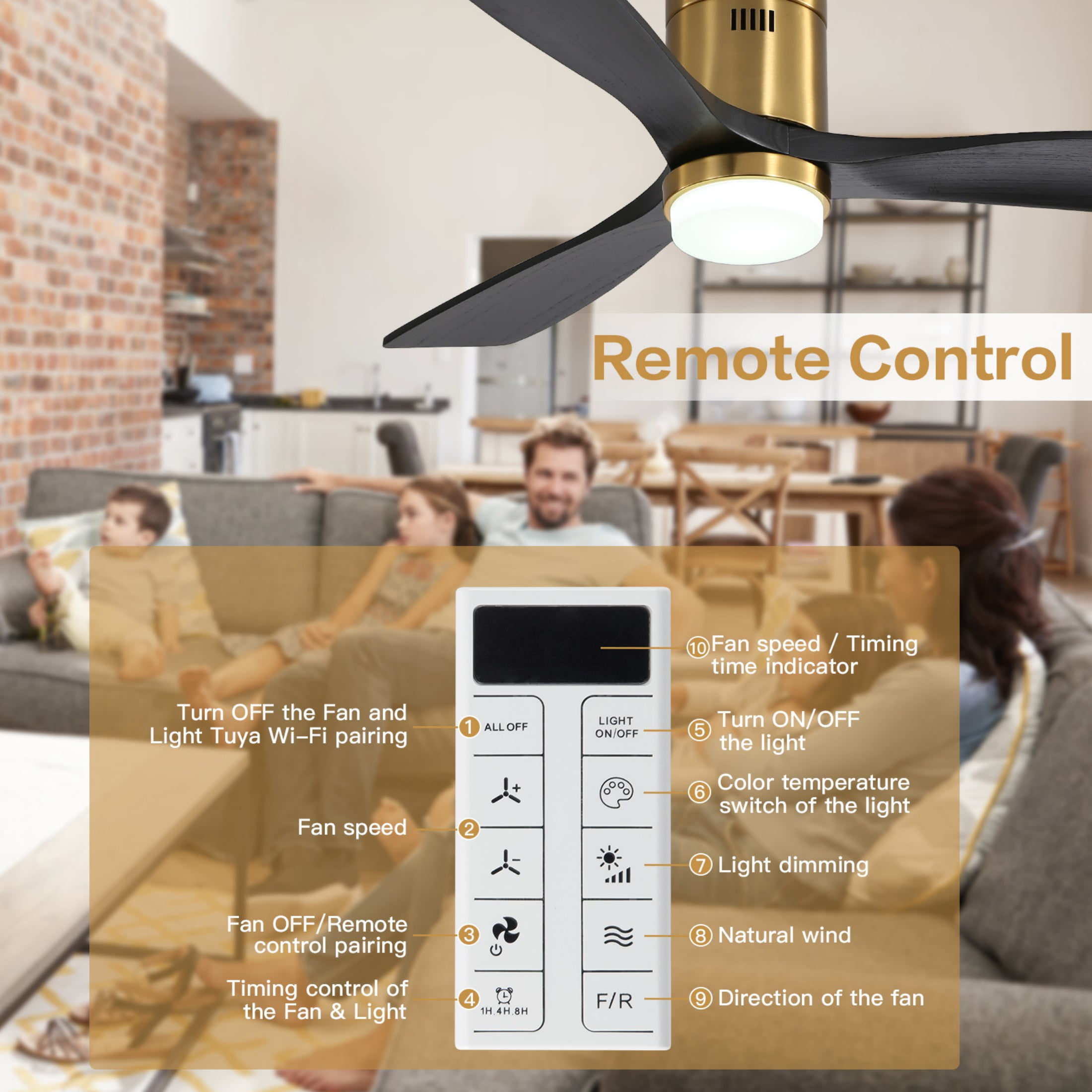 Sofucor 52" Flush Mount Smart Ceiling Fan with Lights, Solid Wood Matte Black and Gold Blades, Compatible with Alexa/Google/App, 3-Color Light 6-Speed Timing Reversible DC Motor
