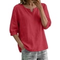 thumbnail image 3 of Sillenn Notch Neck Puff Bubble 3/4 Sleeve Cotton Linen Blouse for Women Loose Fit Dressy Casual Muslin Shirt Lightweight Breathable Relaxed Fit Tunic Shirt Casual Summer Basic Linen Shirts Red S, 3 of 9
