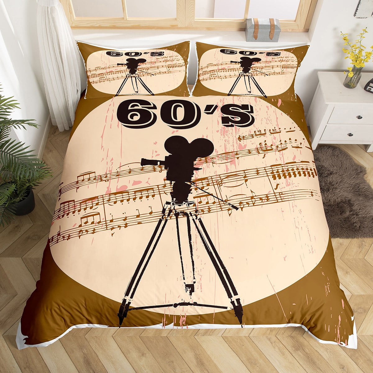 YST Vintage 60s Duvet Cover Full Movie Theater Bedding Set, 60's Old Fashion Comforter Cover