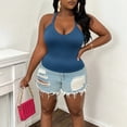 thumbnail image 5 of Women's Plus Size V Neck Ribbed Halter Tank Top, Sleeveless Cropped Fitted Cami for Summer, for Going Out, Layering or Casual Daily Wear (without Padding) Blue XXL, 5 of 6