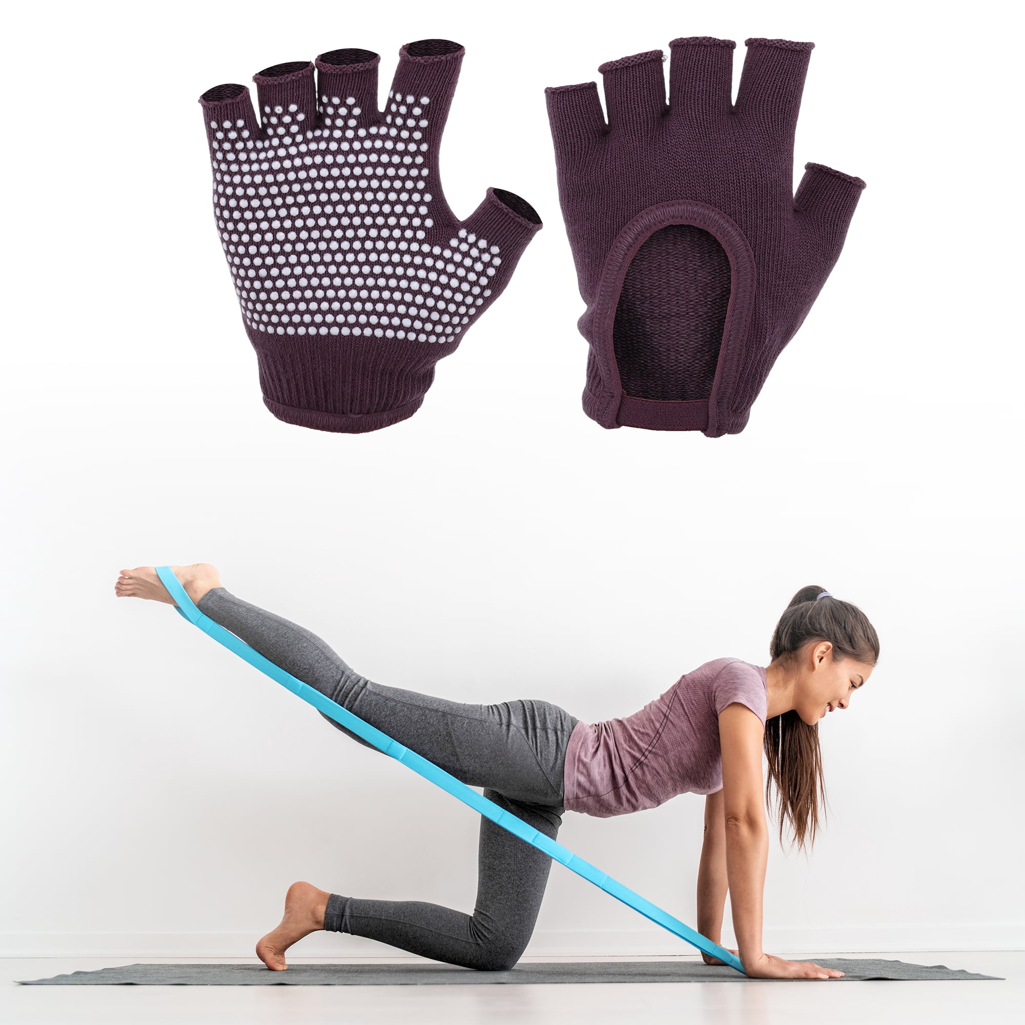 Unique Bargains Fingerless Yoga Gloves Designed One Size 1Pair Purplish Red