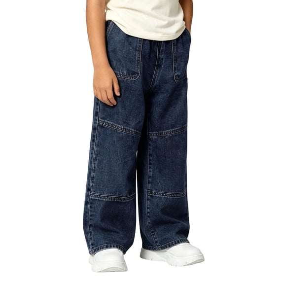 CONROSES Boys Casual Jeans Wide Leg Baggy Jeans for Child Solid Y2K Elastic Waist Cozy Streetwear Denim Trousers with Pockets