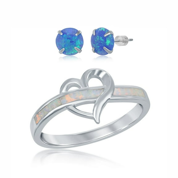 925 Sterling Silver Rhodium Plated Open Heart Created White/Blue Inlay Opal Ring Including 6mm Round Created Blue Opal Stud Earrings Jewelry Set