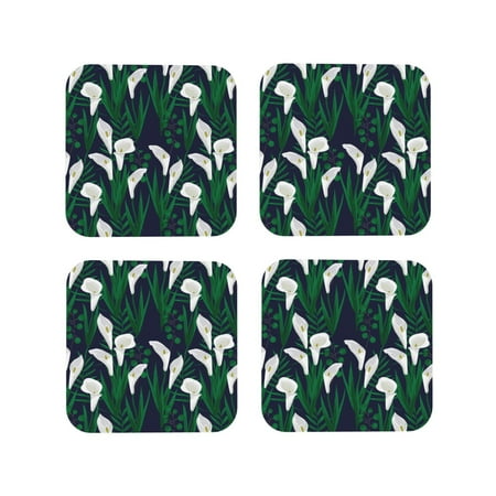 

Leather Coasters of 4 Calla Lily Flowers Blue Drink Coasters Foe Tabletop Protection Funny Desk Coasters Good Housewarming Gifts Square