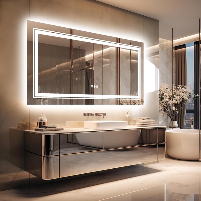 Wisfor 48 x 24 Inch LED Bathroom Mirror: Large Dimmable Lighted Wall Mounted Illuminated Vanity Mirror with Demister Pad Smart Touch Switch Makeup Mirror Backlit and Front Light (Horizontal/Vertical)