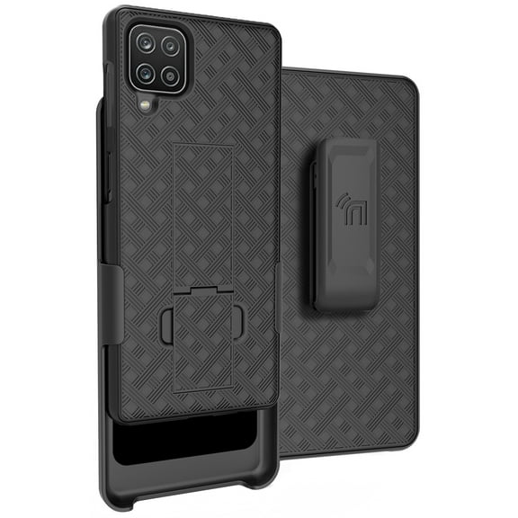 Nakedcellphone Case with Clip for Samsung Galaxy A42 5G, Slim Hard Shell Phone Cover with Kickstand and [Rotating/Ratchet] Belt Hip Holster Combination - Black Tread