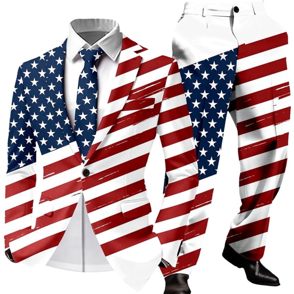 CONZONE Independence Day Mens 2 Peice Suit Set Usa 250Th Anniversary Suits for Men Patriotic Usa Star Striped Long Sleeve Blazer Pants Cozy July 4Th Dress Outfits
