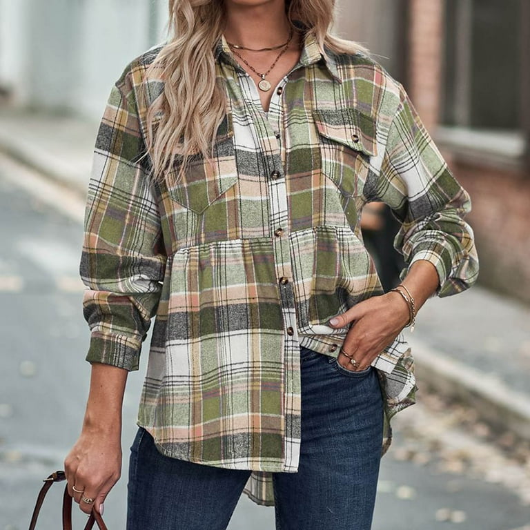 JGGSPWM Flannel Plaid Shirts for Women Oversized Button Down Shirts Blouse  Long Sleeve Fashion Shacket Jacket Fall Spring Blouse Checked Tops with