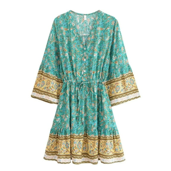 Vintage Fashion Women Hippie Wild Floral Print Bohemian Mini Dresses Summer Ladies Flare 3/4 Sleeve Rayon Holiday Boho Dress