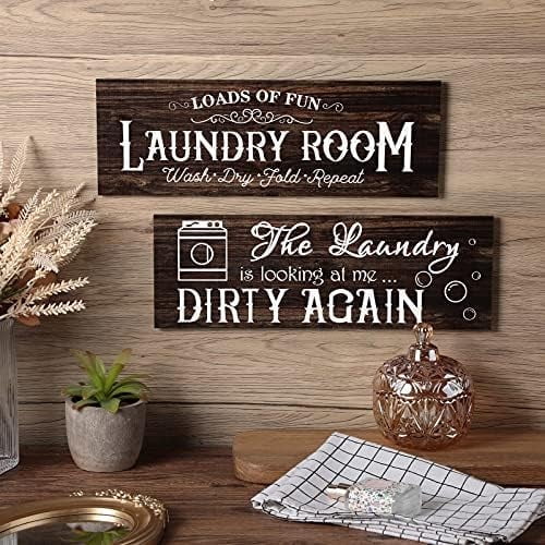 2 Pieces Laundry Room Wooden SignsFarmhouse Wall Decor Vintage Bathroom Wall Sign Rustic Family Rules Hanging Printed Decor for Home Laundry Room, 11.8 x 3.94 Inch(Brown)