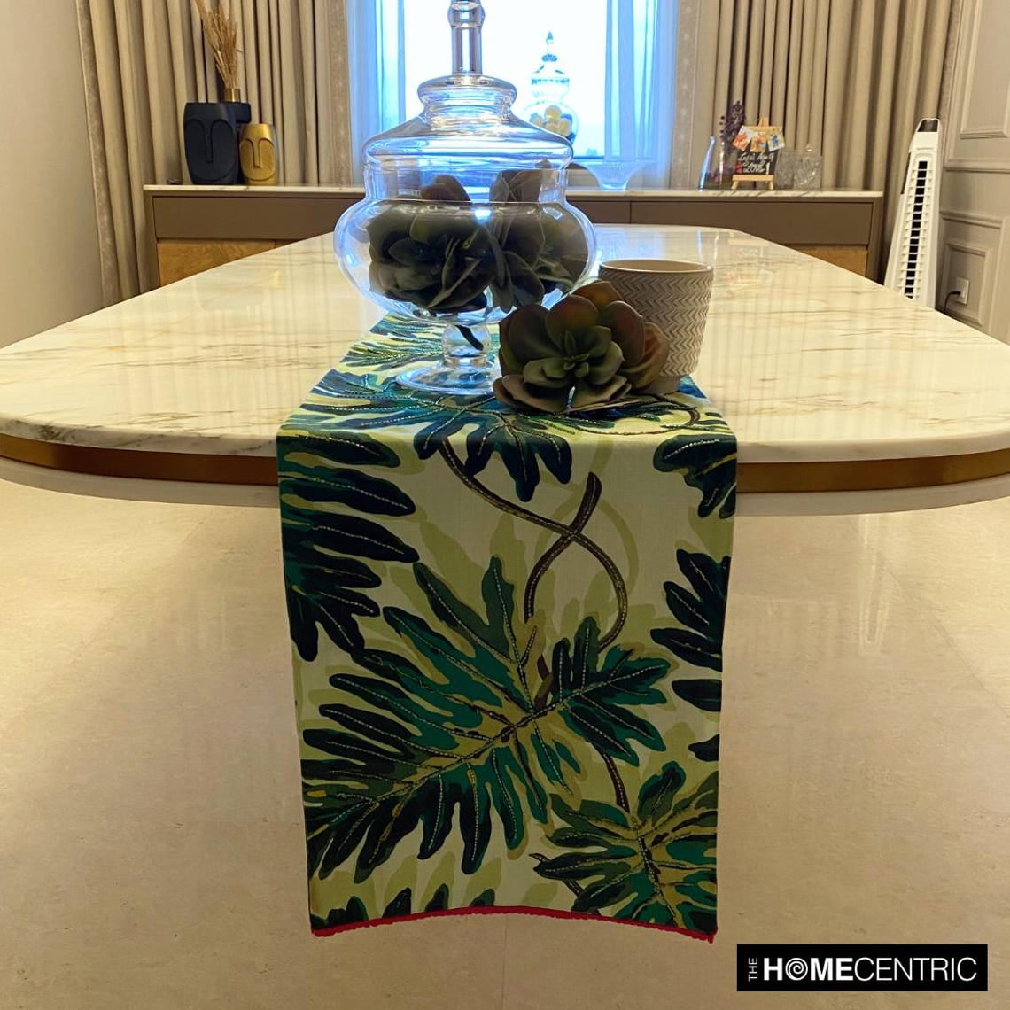 Tropical Printed Cotton Table Runner with Bead Embroidery and Lace Green Printed Cotton 14 x 72 inch long, Wedding Decor Table Linen Modern Table Runner - Tropically
