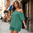 thumbnail image 6 of Dresfit Womens Shorts Sets Crew Neck Off Shoulder Short Sleeve Tops & Mini Shorts 2 Piece Outfits 2026 Summer Lightweight Plus Size Lounge Set 2XL, 6 of 6