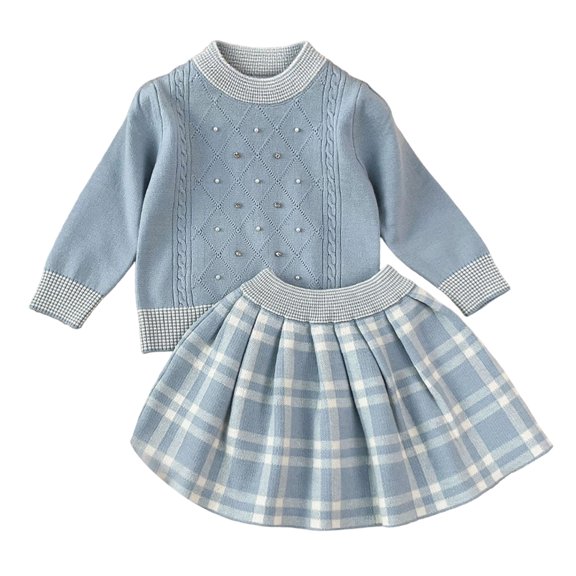 Mnyotv Back to School Outfits for Girls Fall Clothes Long Sleeve Sweater and Mini Plaid Skirts Size 5-6Years