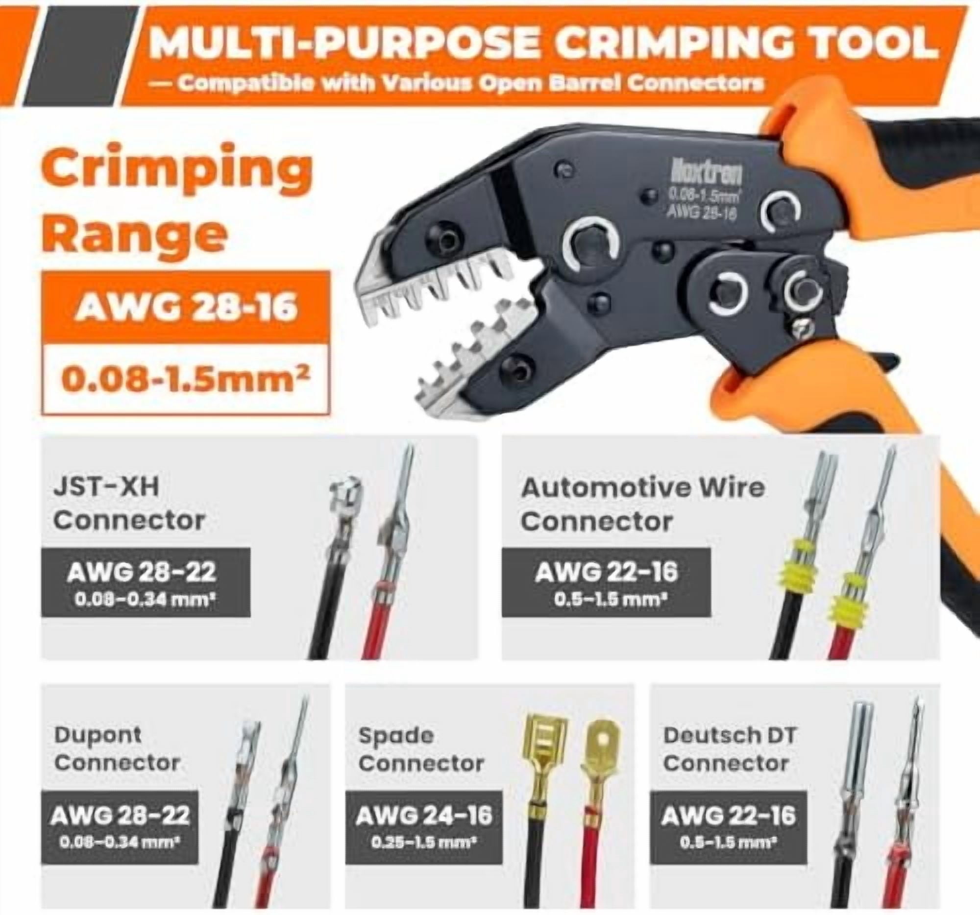 5-in-1 Wire Crimping Tool, AWG 28–16 Ratcheting Crimper for Non-Insulated Open Barrel Terminals – Fits Deutsch, Delphi, AMP, JST, Dupont, Molex, TE & More Automotive Wire Connectors