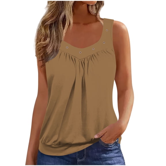 XUNKUSGA Womens Tank Tops Fashion V Neck Rivet Ruched Sleeveless Womens Tops Loose Fit Casual Basic Banded Shirts Trendy Boho Women's Tank Tops S-3XL,Brown