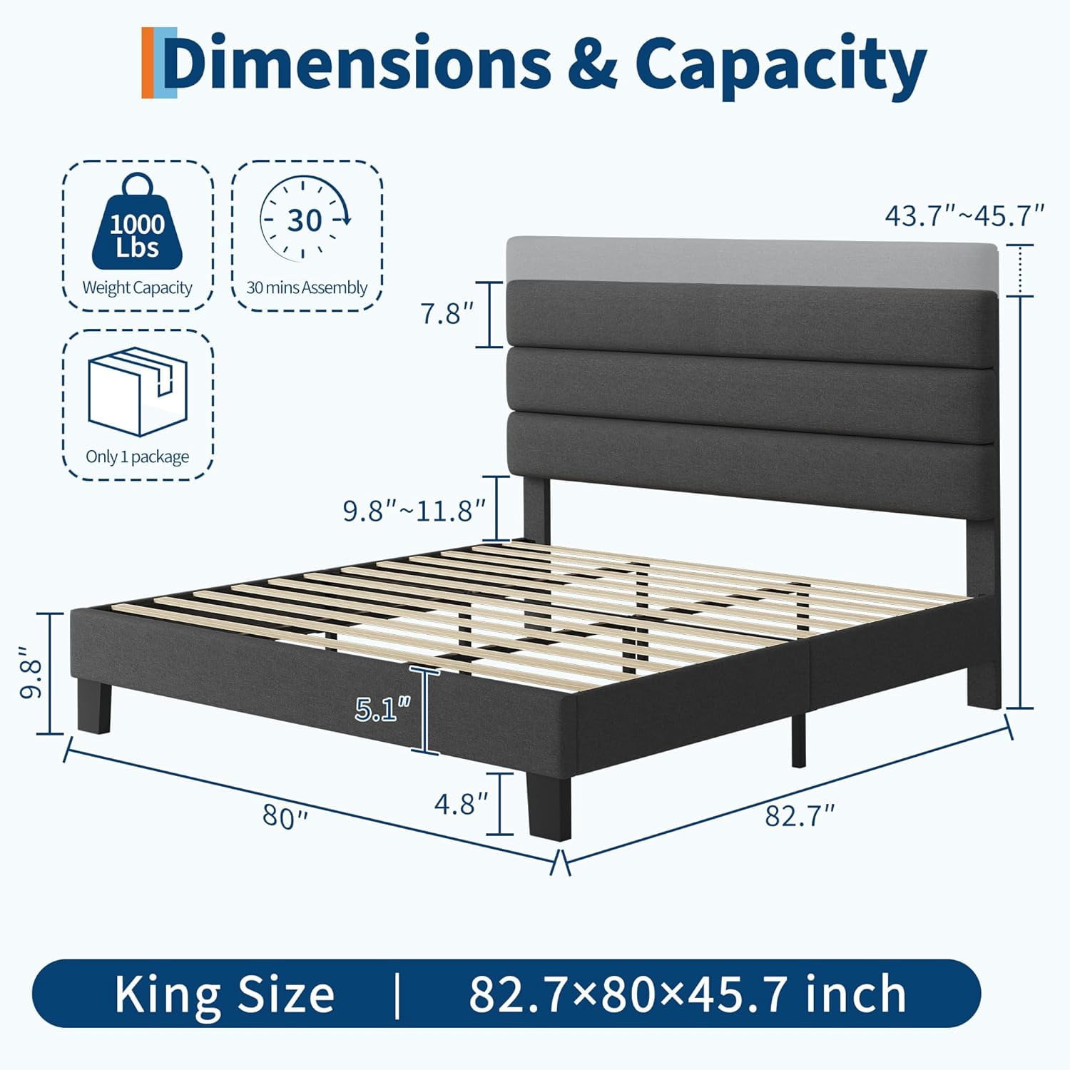 King Size Platform Bed Frame with Adjustable Linen Upholstered Headboard, Wooden Slat Support, Heavy-Duty Mattress Foundation, No Box Spring Needed, Easy Assembly, Black
