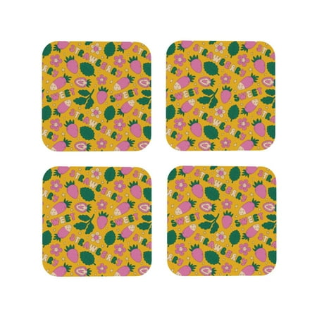 

Coasters Set of 4 - Cute Strawberry Carrot Vegetable Drink Coasters for Tabletop Protection Leather Coasters for Living Room Decor and Housewarming Gift Square