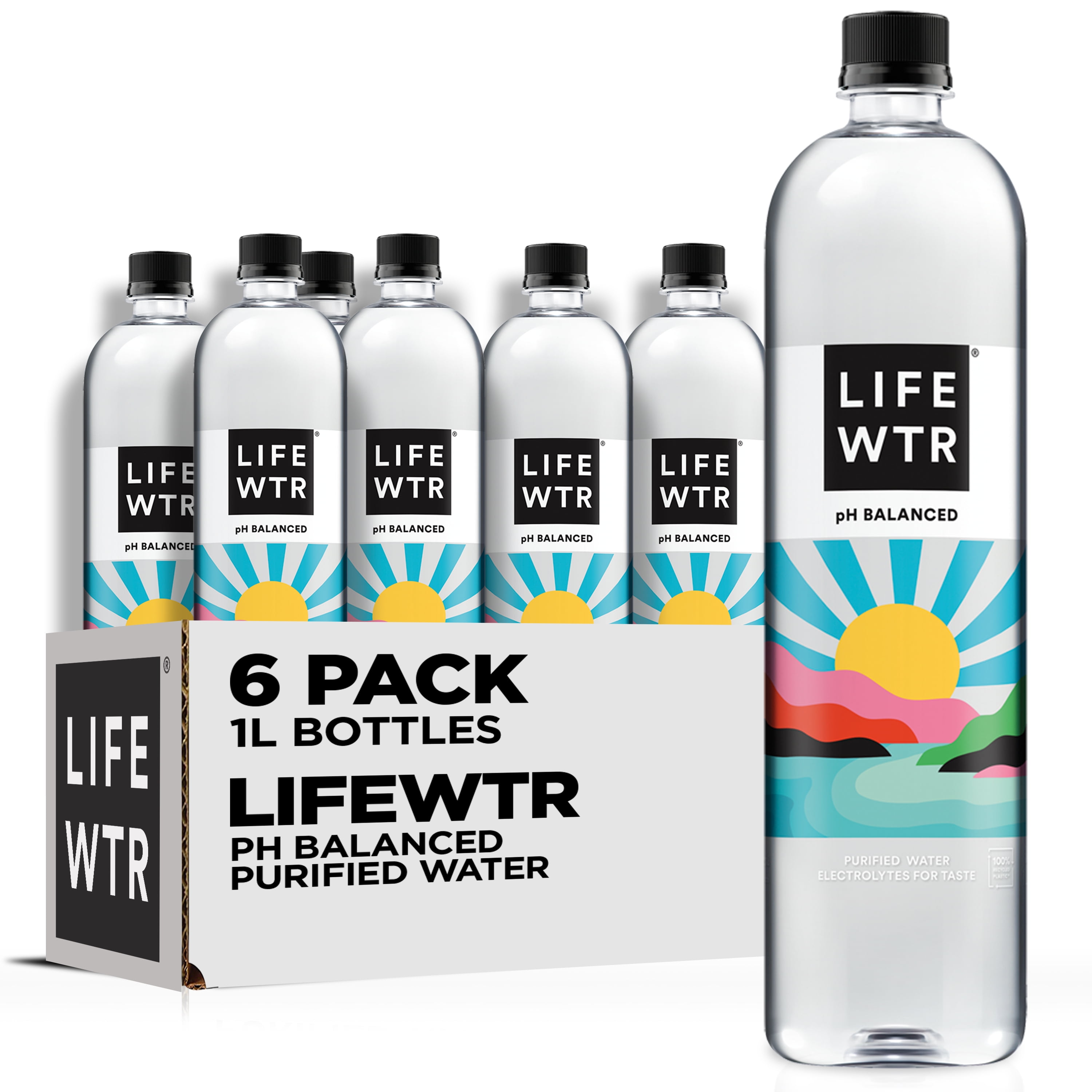 LIFEWTR Purified Bottled Water, 1 Liter, 6 Pack Plastic Bottles