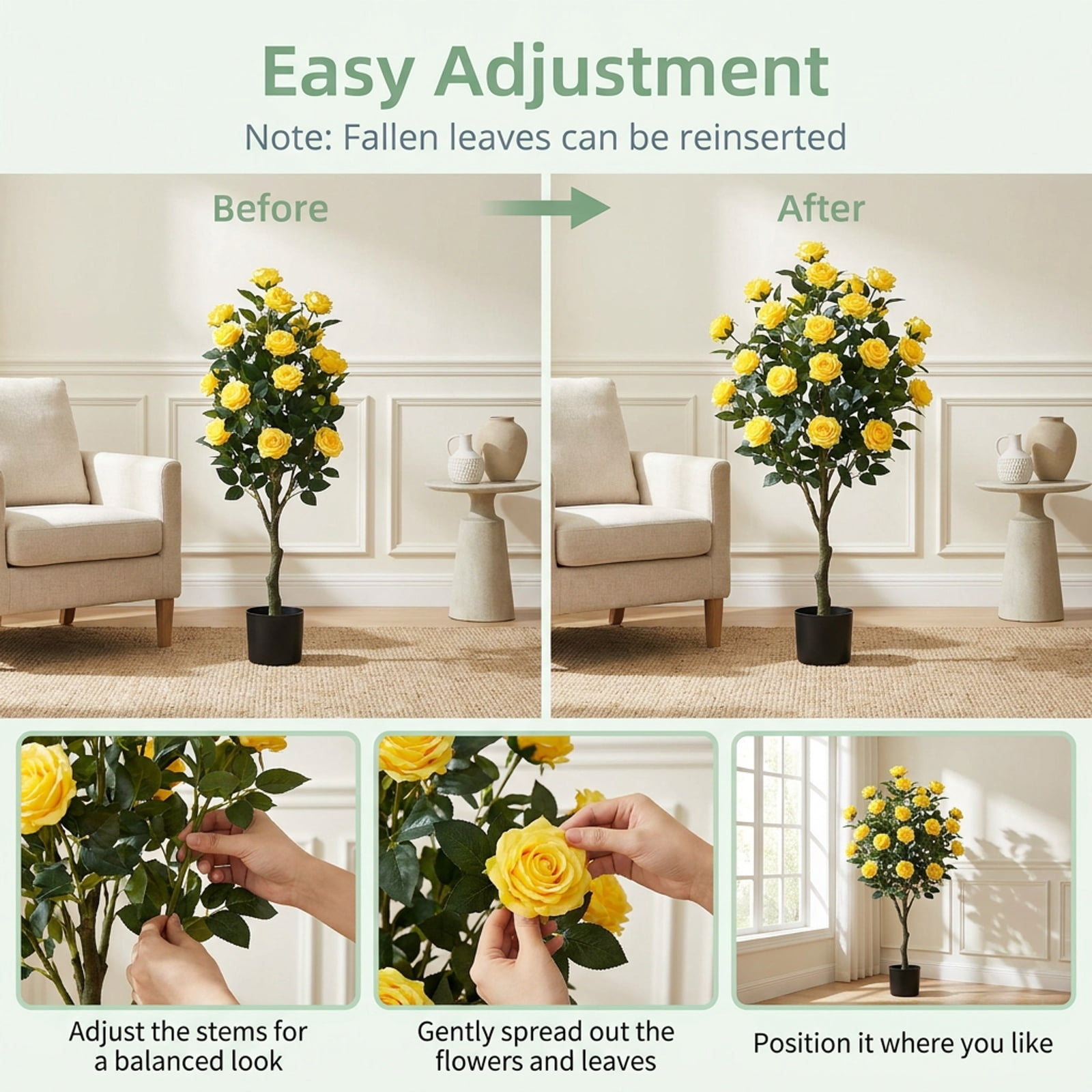 Vebreda Set of 2 39.5-Inch Artificial Camellia Trees with Yellow Flowers and Cement-Filled Pots for Indoor and Outdoor Decoration