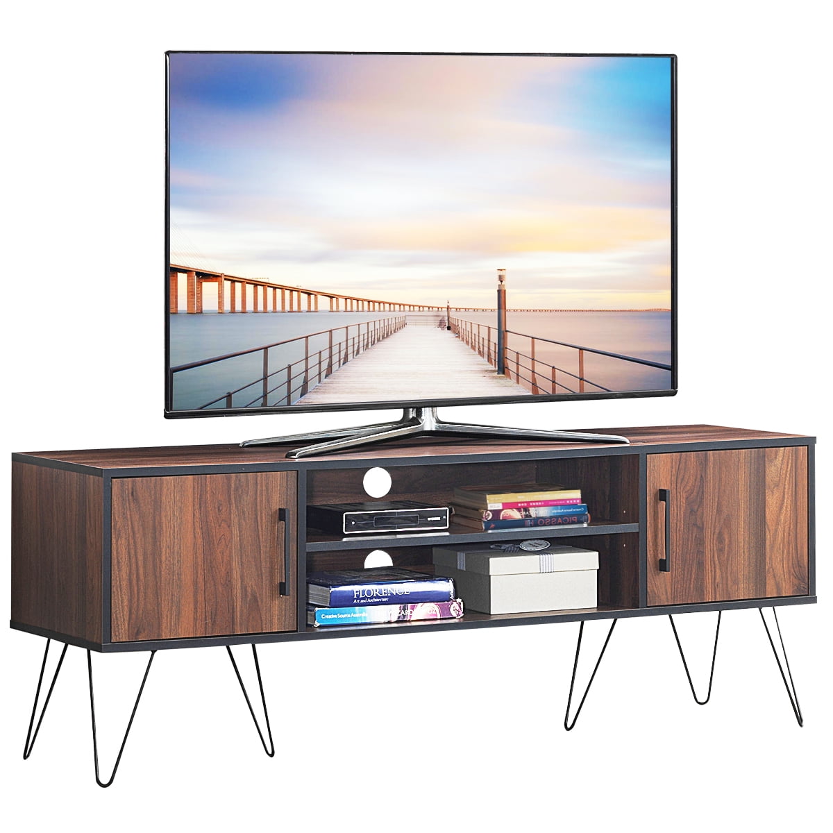 Giantex Wooden Freestanding TV Stand Storage with 2 Doors and Shelves