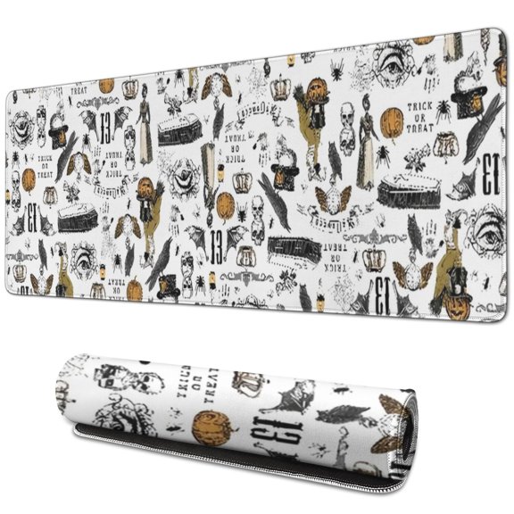 Long Mouse Pads for Desk,White Halloween Pumpkin Bat Pattern Desk Mats on Top Of Desks, Desk Mouse Pad Extra Large with 3mm Non-Slip Base and Stitched Edge for Gaming,Office,Work,Home 31.5"x11.8"