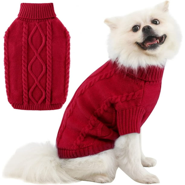 Jersey para perro pequeño - Cuello alto - Ropa para mascotas - Jersey de punto - Diseño trenzado - Cálido - Rojo suave - L